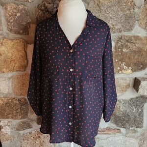 West Kei Enya Collard Button Down Large Blouse Navy 3/4 Sleeve
